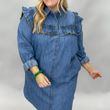 Girls Chase Boys Ruffle Collar Long Sleeve Denim Mini Dress