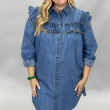 Girls Chase Boys Ruffle Collar Long Sleeve Denim Mini Dress