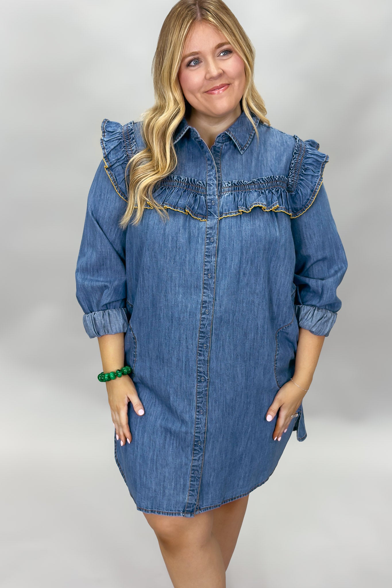 Girls Chase Boys Ruffle Collar Long Sleeve Denim Mini Dress S