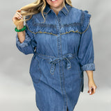 Girls Chase Boys Ruffle Collar Long Sleeve Denim Mini Dress