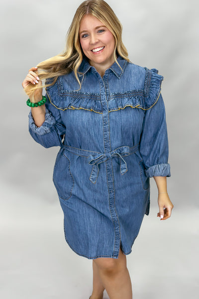 Girls Chase Boys Ruffle Collar Long Sleeve Denim Mini Dress S