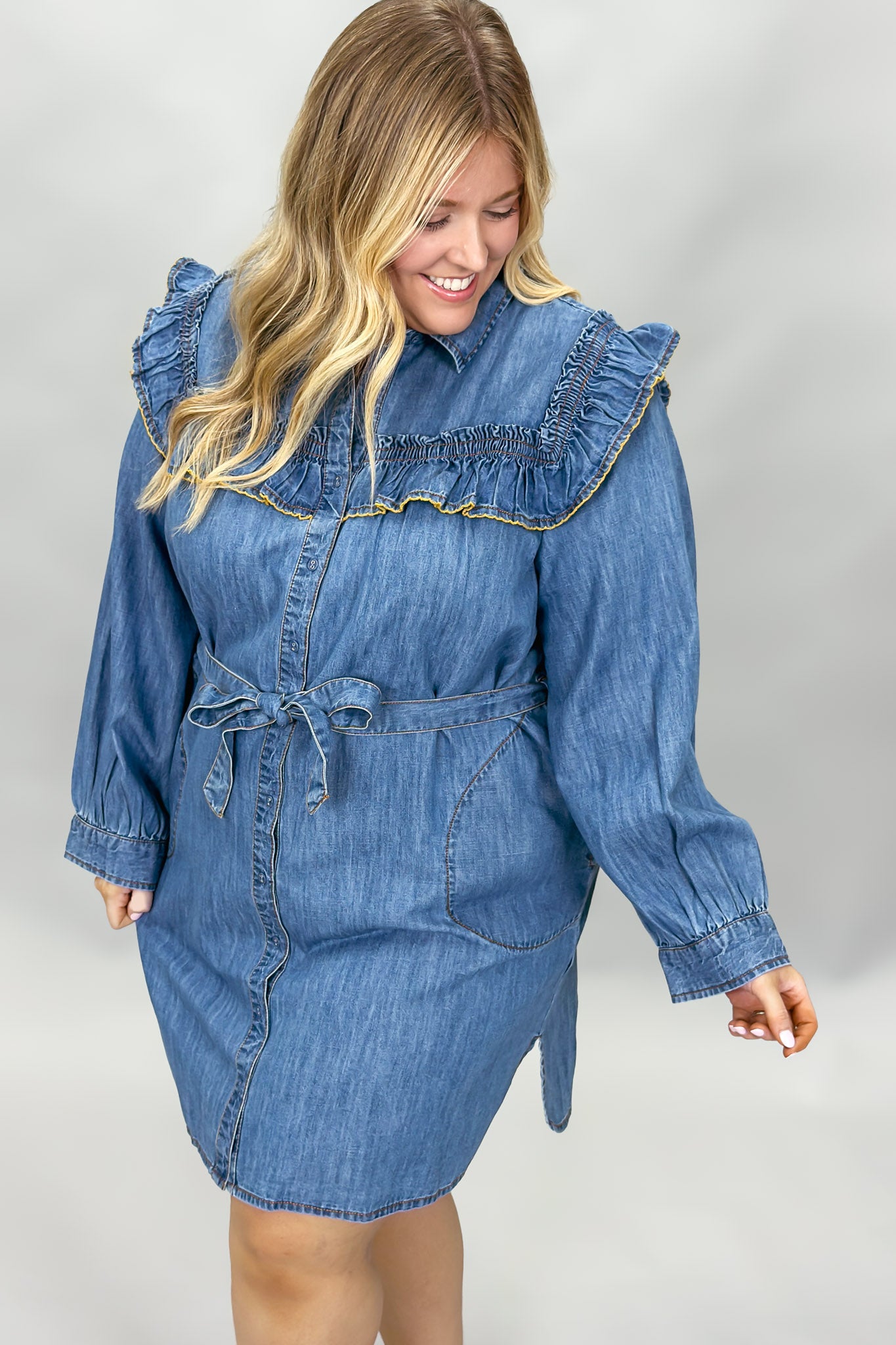 Girls Chase Boys Ruffle Collar Long Sleeve Denim Mini Dress S