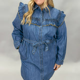 Girls Chase Boys Ruffle Collar Long Sleeve Denim Mini Dress