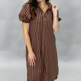 Going Up The Country Striped Puff Sleeve Midi Dress, Brown