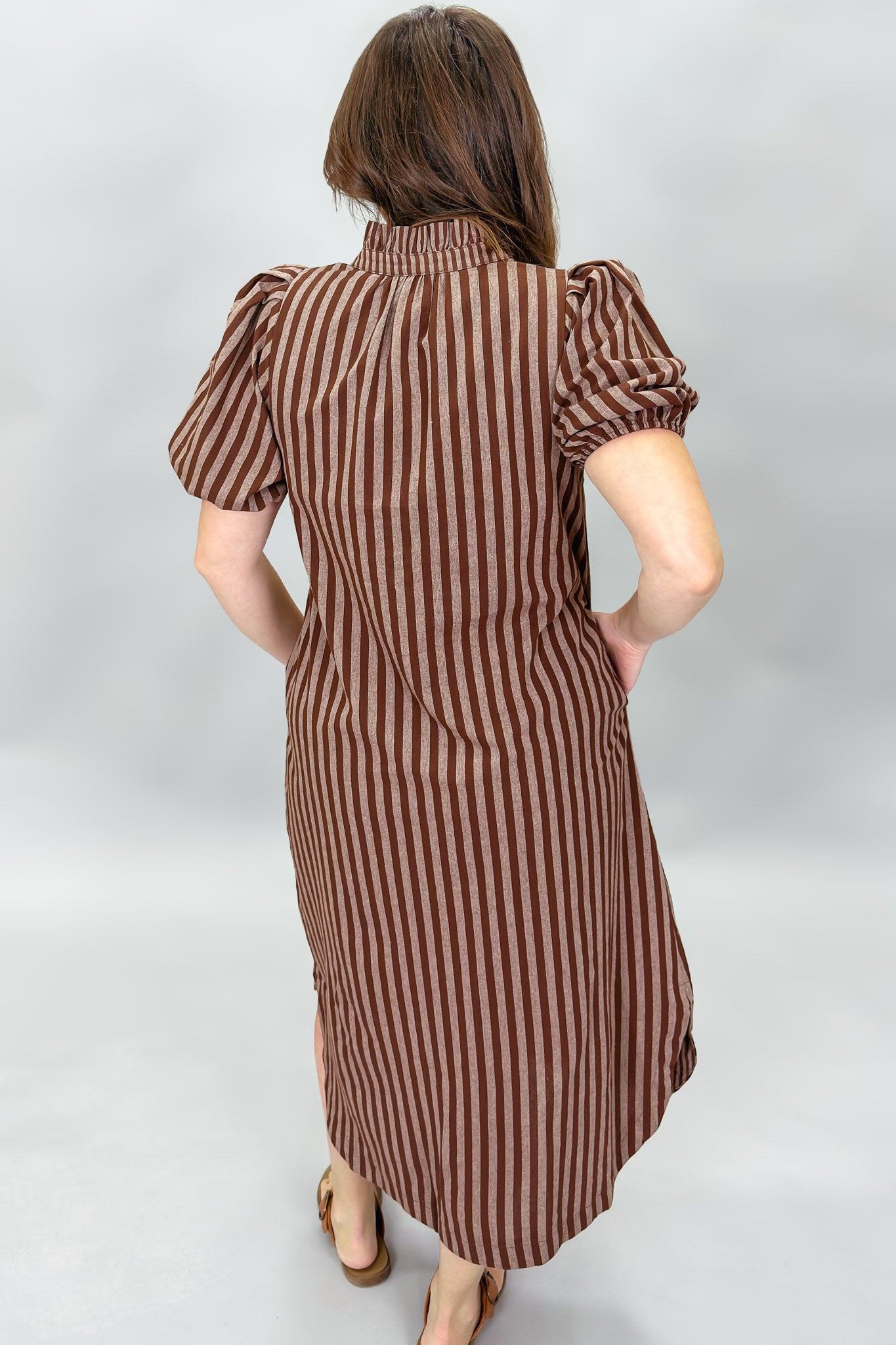 Going Up The Country Striped Puff Sleeve Midi Dress, Brown L