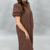Going Up The Country Striped Puff Sleeve Midi Dress, Brown