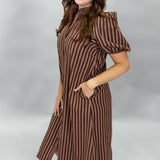 Going Up The Country Striped Puff Sleeve Midi Dress, Brown