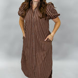 Going Up The Country Striped Puff Sleeve Midi Dress, Brown