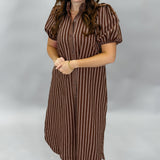 Going Up The Country Striped Puff Sleeve Midi Dress, Brown
