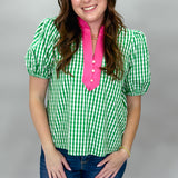 Good Graces Gingham V-Neck Puff Sleeve Top, Green
