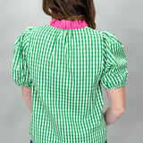 Good Graces Gingham V-Neck Puff Sleeve Top, Green