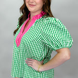 Good Graces Gingham V-Neck Puff Sleeve Top, Green