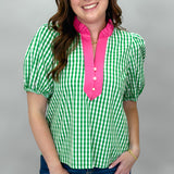 Good Graces Gingham V-Neck Puff Sleeve Top, Green