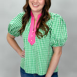 Good Graces Gingham V-Neck Puff Sleeve Top, Green
