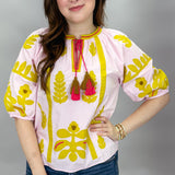 Green Applique & Tassel Half-sleeve Top