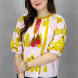 Green Applique & Tassel Half-sleeve Top