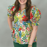 Gunpowder & Lead Floral Puff Sleeve Ruffled Mock Neck Top