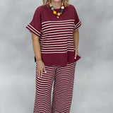Hallelujah High Striped Short Sleeve Loungewear Set, Maroon