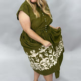 Harvest Moon Cap Sleeve Drop Waist Block Print Dress, Olive