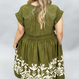 Harvest Moon Cap Sleeve Drop Waist Block Print Dress, Olive