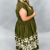 Harvest Moon Cap Sleeve Drop Waist Block Print Dress, Olive