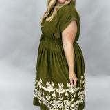 Harvest Moon Cap Sleeve Drop Waist Block Print Dress, Olive