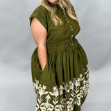 Harvest Moon Cap Sleeve Drop Waist Block Print Dress, Olive