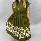 Harvest Moon Cap Sleeve Drop Waist Block Print Dress, Olive