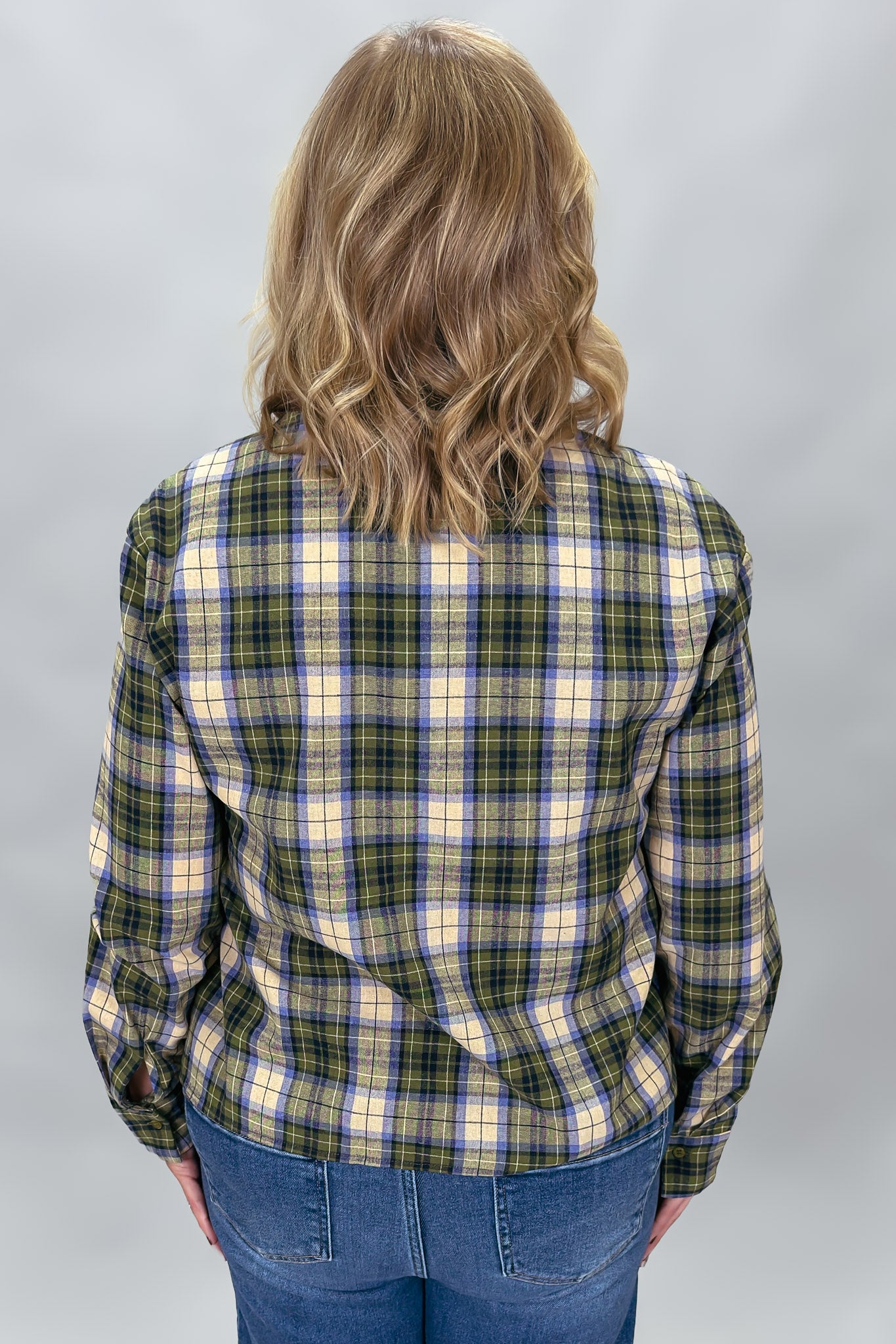 COMPANIA FANTASTICA Heart Eyes Long Sleeve Ruffle Pocket Top, Green Plaid, alternate product view