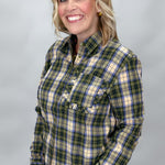 COMPANIA FANTASTICA Heart Eyes Long Sleeve Ruffle Pocket Top, Green Plaid, alternate product view