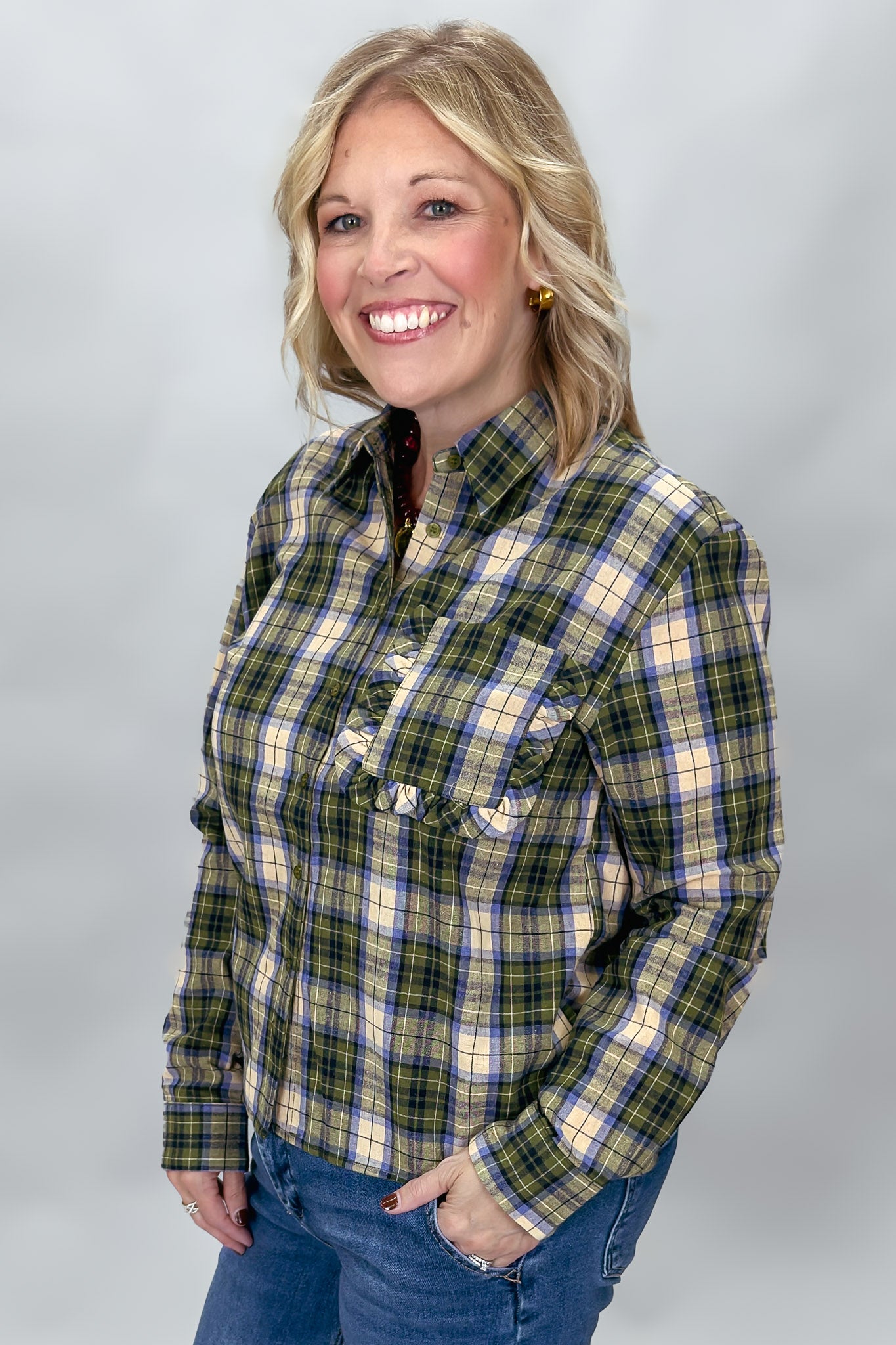 COMPANIA FANTASTICA Heart Eyes Long Sleeve Ruffle Pocket Top, Green Plaid, alternate product view