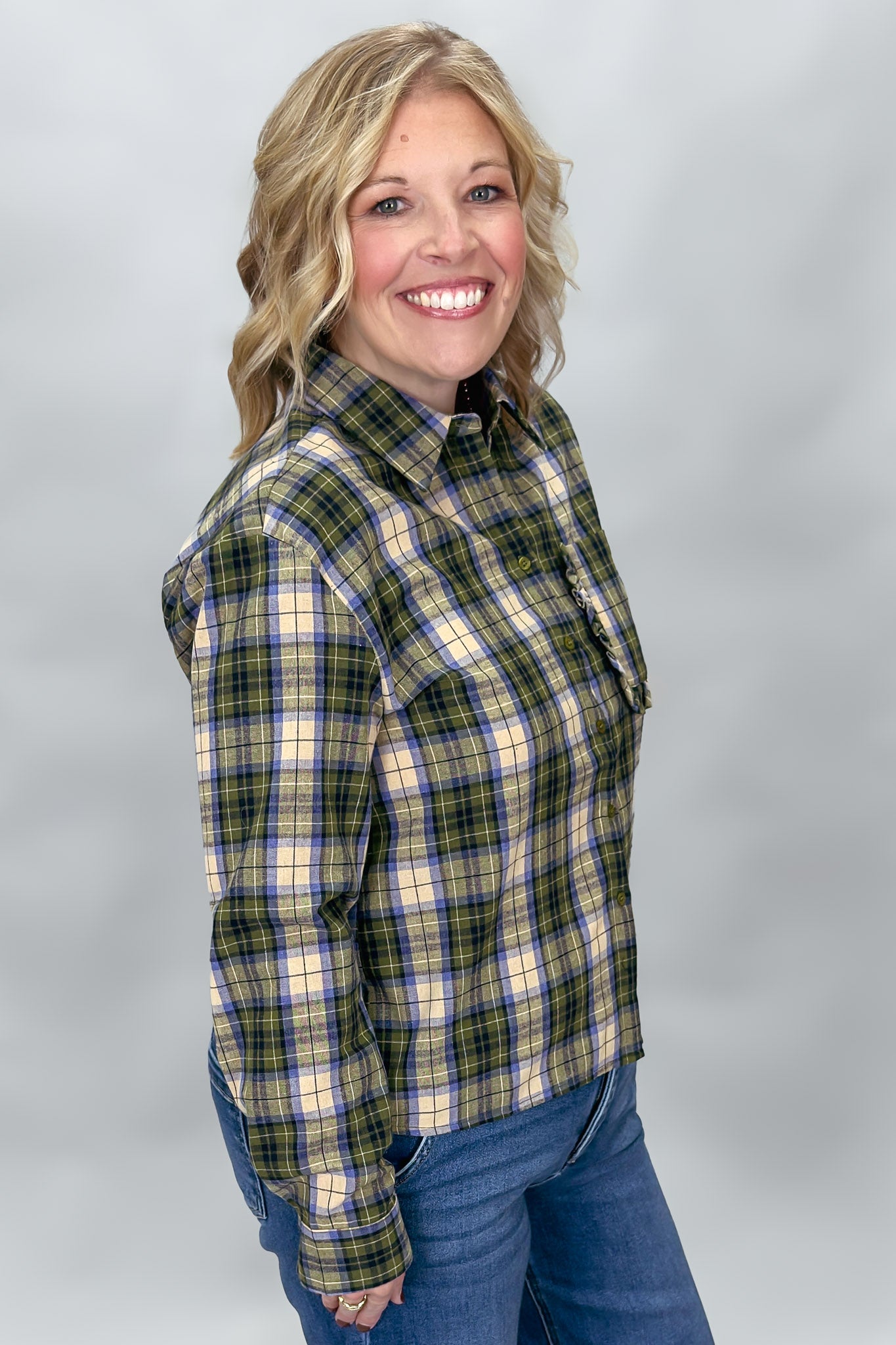 COMPANIA FANTASTICA Heart Eyes Long Sleeve Ruffle Pocket Top, Green Plaid, alternate product view