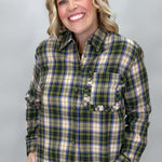 COMPANIA FANTASTICA Heart Eyes Long Sleeve Ruffle Pocket Top, Green Plaid, alternate product view