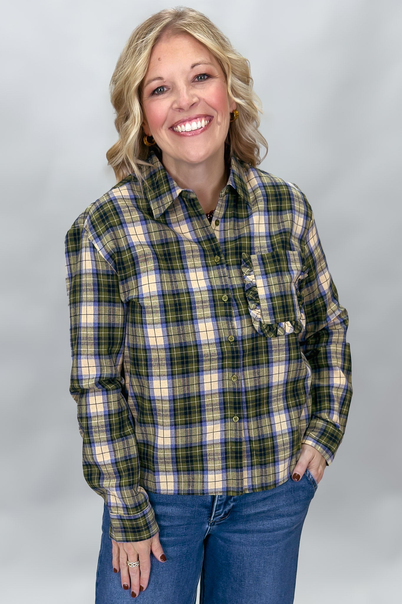 COMPANIA FANTASTICA Heart Eyes Long Sleeve Ruffle Pocket Top, Green Plaid, alternate product view