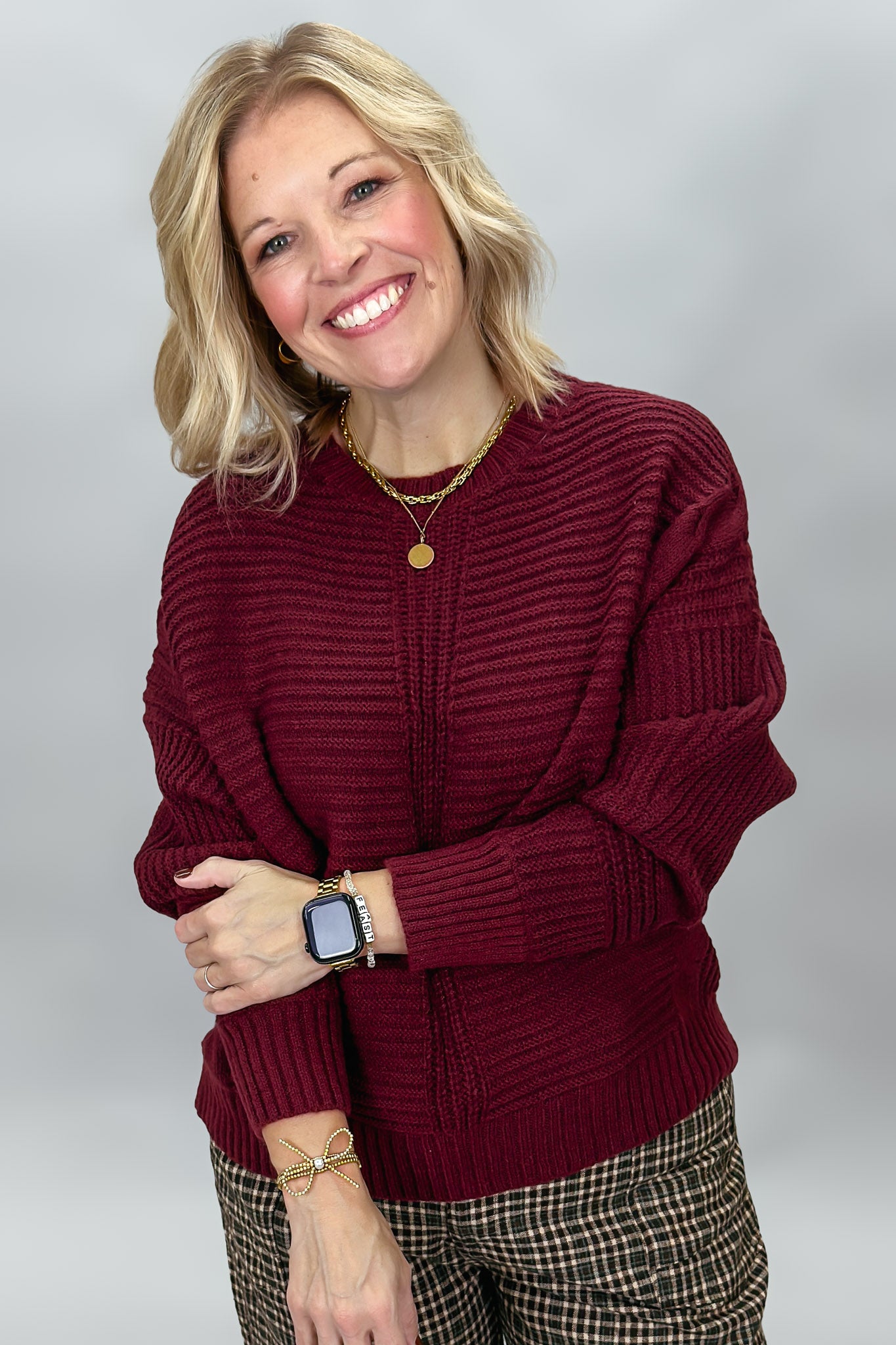 Helena Beat Knit Crewneck Sweater, Burgundy