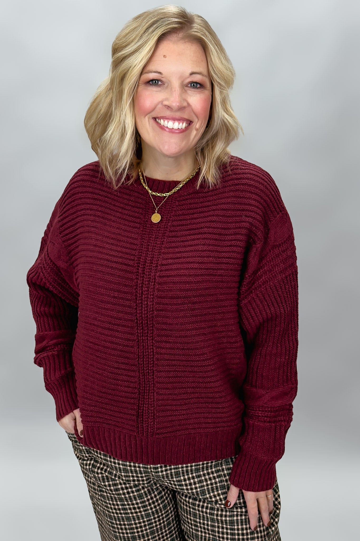 Helena Beat Knit Crewneck Sweater, Burgundy