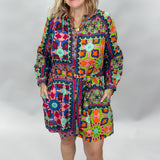 High Hopes Multi Pattern Long-sleeve Belted Linen Blend Dress