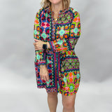 High Hopes Multi Pattern Long-sleeve Belted Linen Blend Dress