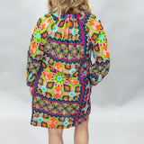 High Hopes Multi Pattern Long-sleeve Belted Linen Blend Dress
