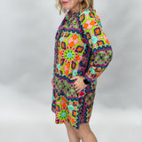 High Hopes Multi Pattern Long-sleeve Belted Linen Blend Dress