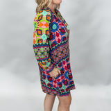 High Hopes Multi Pattern Long-sleeve Belted Linen Blend Dress