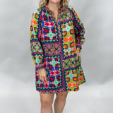 High Hopes Multi Pattern Long-sleeve Belted Linen Blend Dress