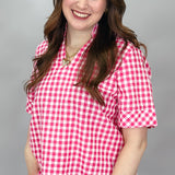 Hole In Bottle Gingham Ruffle Collar Top, Pink