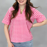 Hole In Bottle Gingham Ruffle Collar Top, Pink