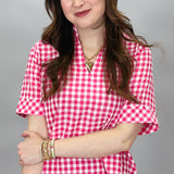 Hole In Bottle Gingham Ruffle Collar Top, Pink