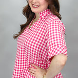 Hole In Bottle Gingham Ruffle Collar Top, Pink