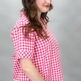 Hole In Bottle Gingham Ruffle Collar Top, Pink