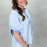 Honey Magic Light Blue Stripe Collared Oversized Top