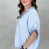 Honey Magic Light Blue Stripe Collared Oversized Top