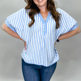 Honey Magic Light Blue Stripe Collared Oversized Top